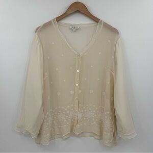 J. Marco Silk Sheer Embroidered Button Front Blouse in Ivory | Size XL